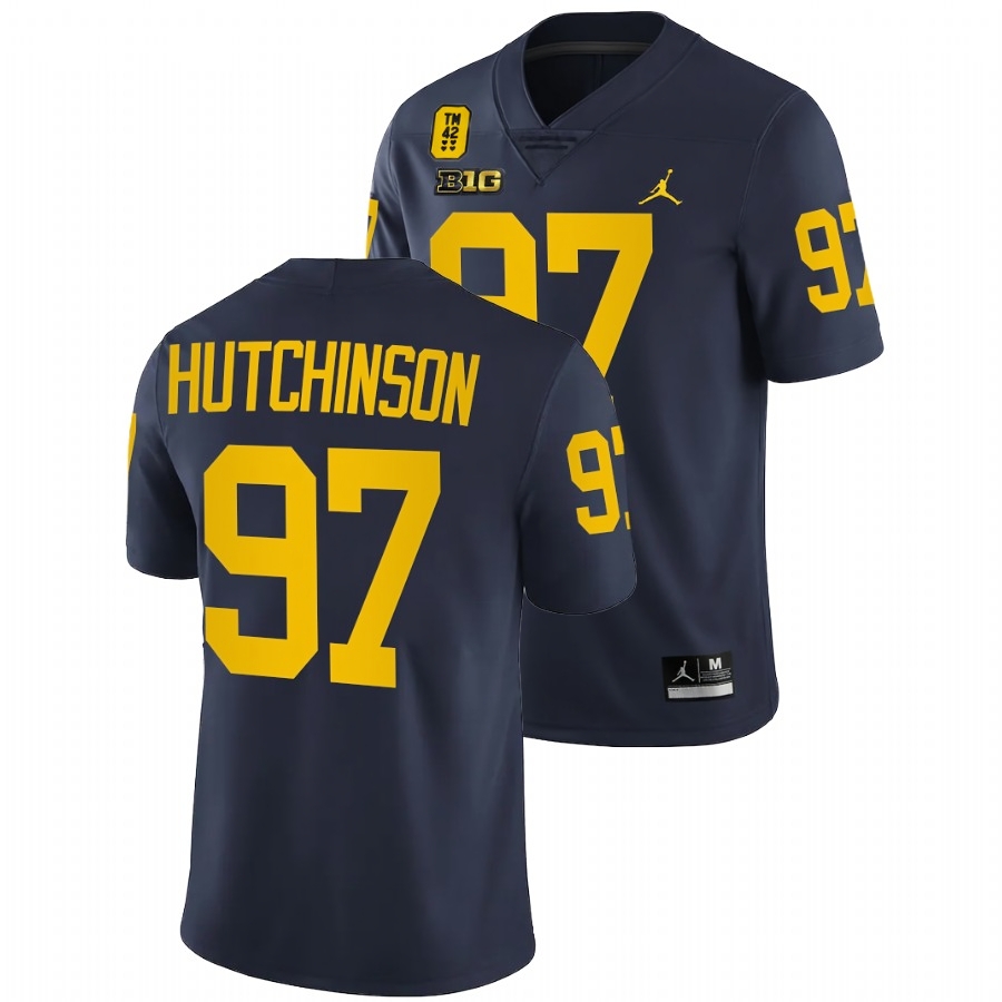 Michigan Wolverines Men's NCAA Aidan Hutchinson #97 Navy TM 42 Patch Honor Tate Myre College Football Jersey YSG4649AS